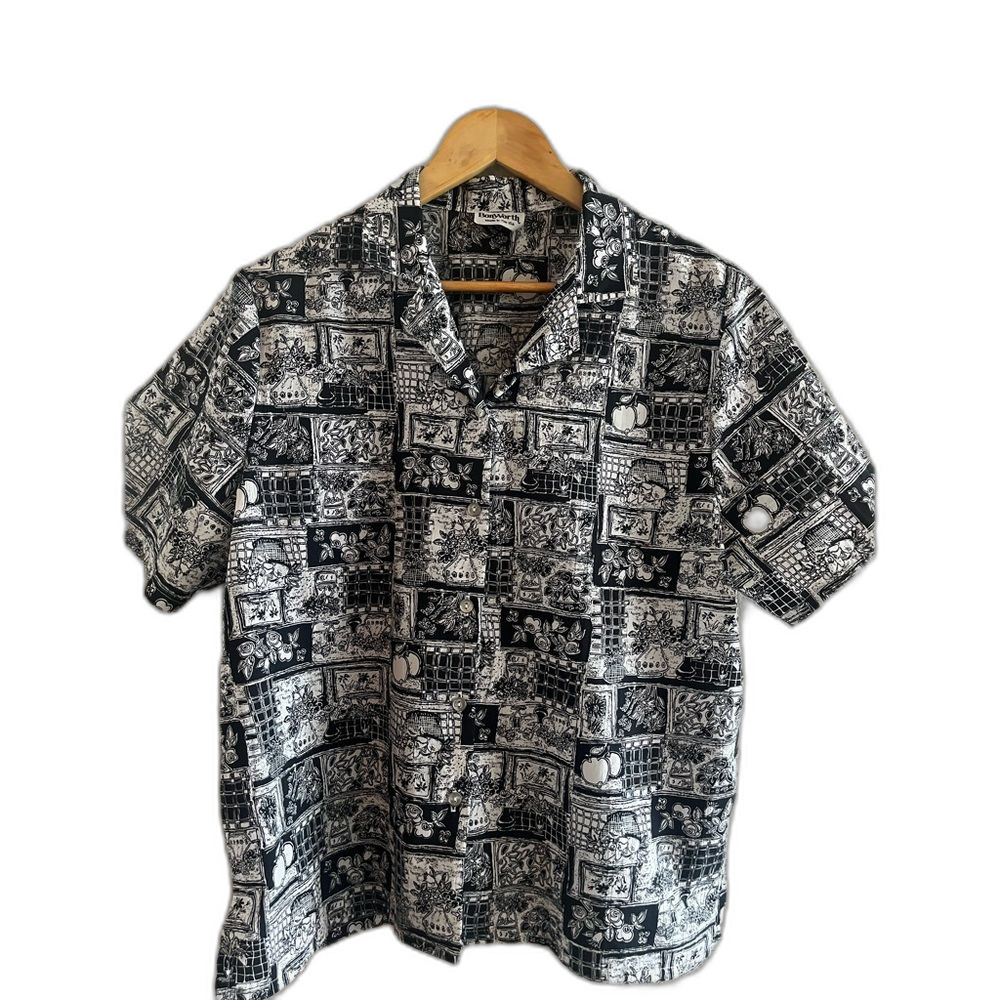 Vintage BonWorth SZ Large Black and White Casual Button Down Shirt Top Farmhouse